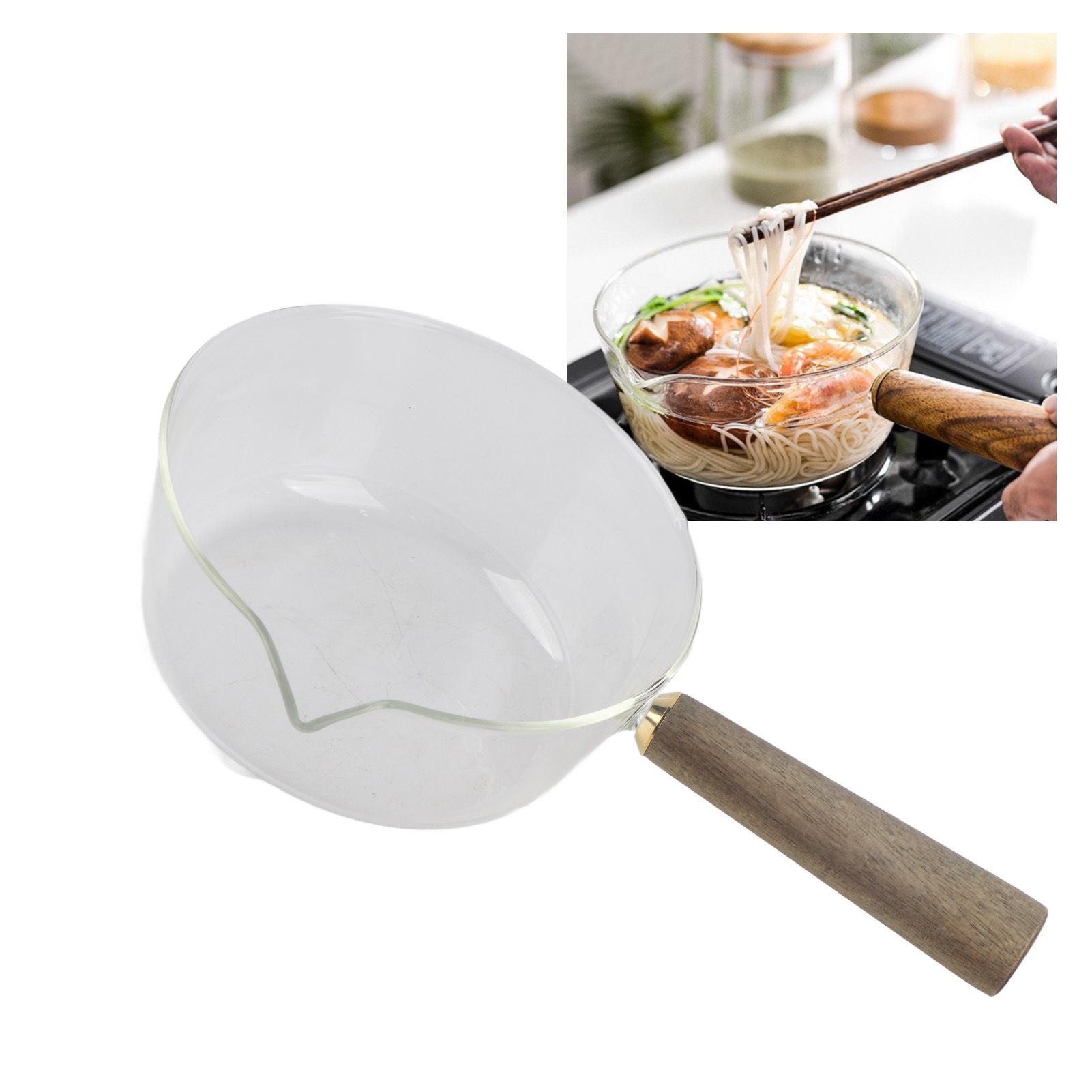 Glass Milk Pot with Wooden Handle V Shaped Spout Noodles Saucepan Home Kitchen view 12