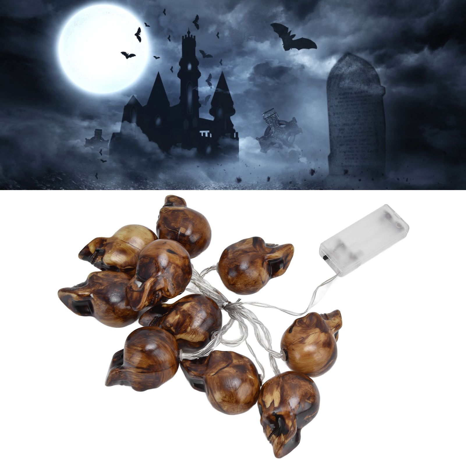 LED Skull String Light 10LEDs Horrible Lifelike Battery Powered Halloween view 11
