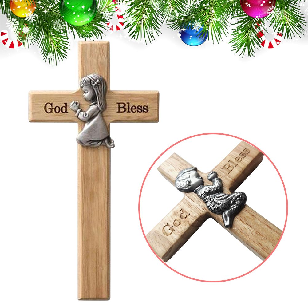 Praying Little Boy Wood Cross Wooden Blessing Cross Christmas Decoration view 2