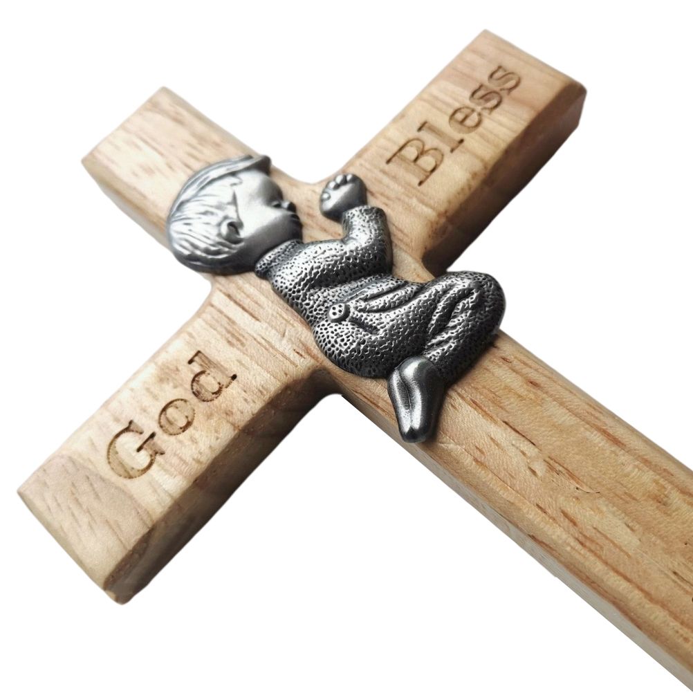 Praying Little Boy Wood Cross Wooden Blessing Cross Christmas Decoration view 5