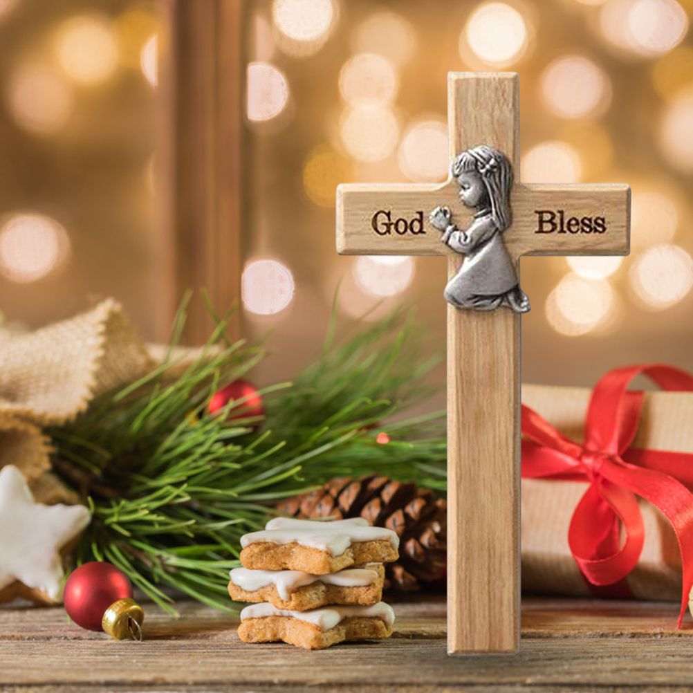Praying Little Boy Wood Cross Wooden Blessing Cross Christmas Decoration view 6
