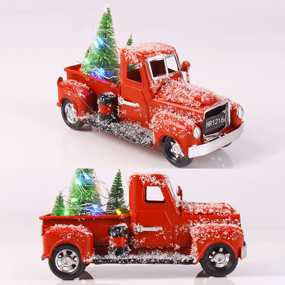 Christmas Vintage Red Truck Metal Truck Car with Christmas Trees Ornaments for view 2