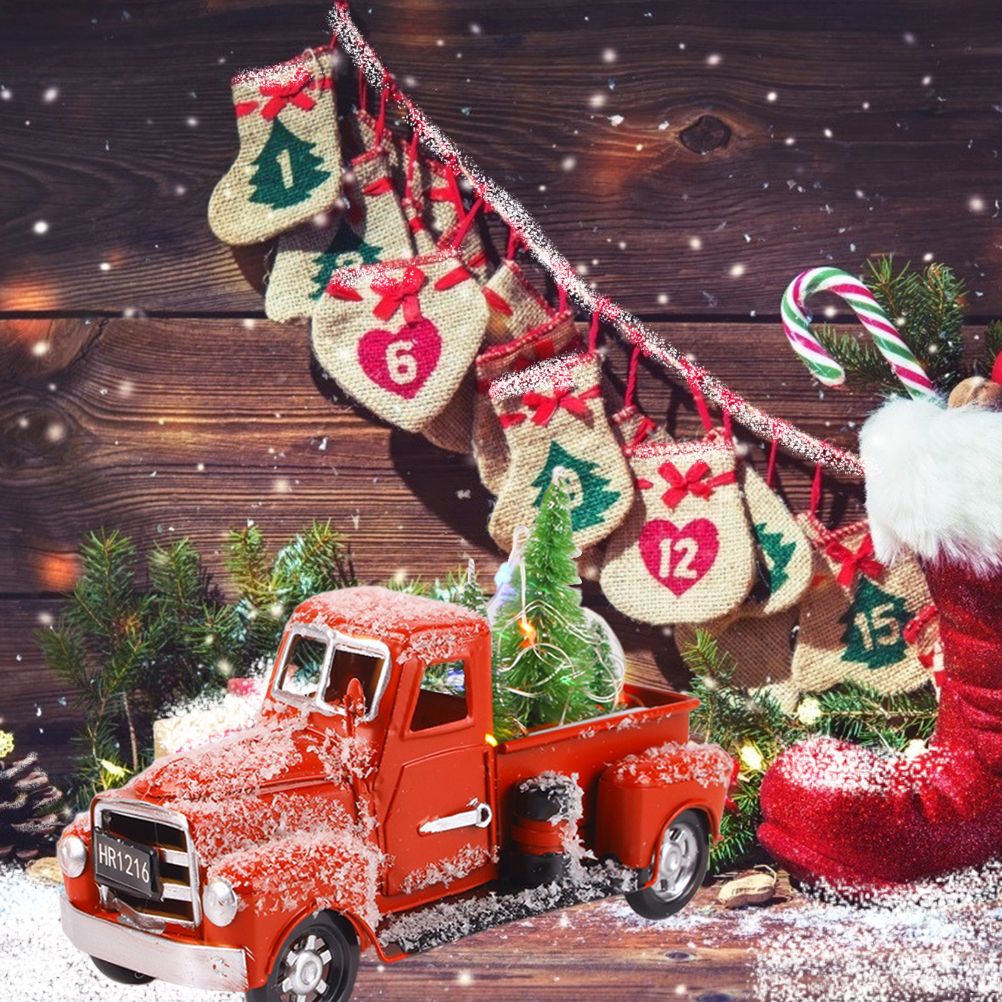 Christmas Vintage Red Truck Metal Truck Car with Christmas Trees Ornaments for view 3
