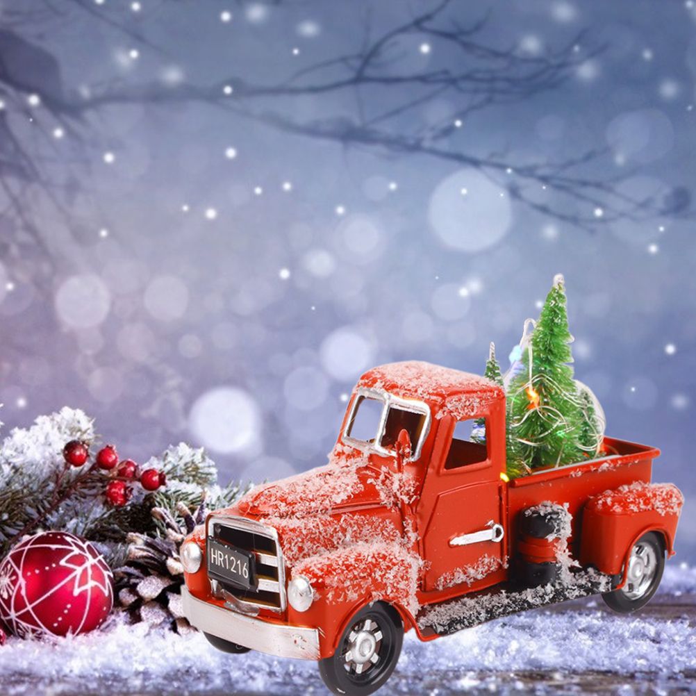 Christmas Vintage Red Truck Metal Truck Car with Christmas Trees Ornaments for view 5