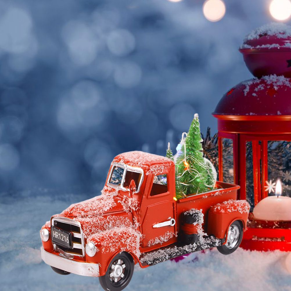 Christmas Vintage Red Truck Metal Truck Car with Christmas Trees Ornaments for view 6
