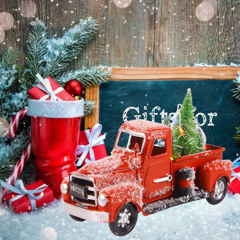 Christmas Vintage Red Truck Metal Truck Car with Christmas Trees Ornaments for view 7
