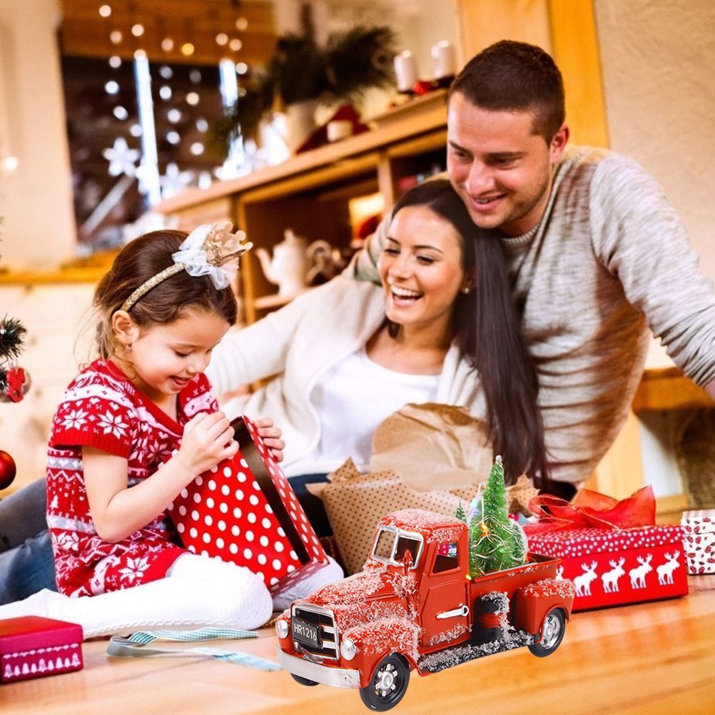 Christmas Vintage Red Truck Metal Truck Car with Christmas Trees Ornaments for view 9