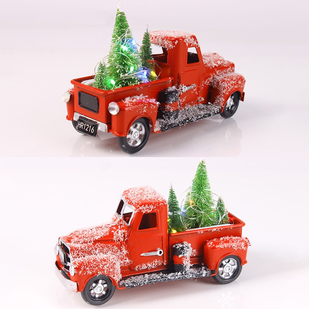 Christmas Vintage Red Truck Metal Truck Car with Christmas Trees Ornaments for view 11
