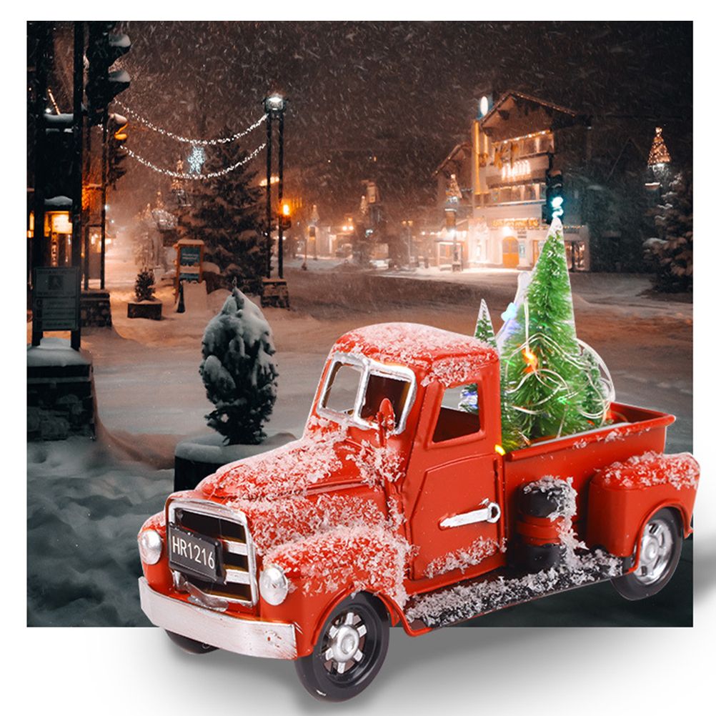 Christmas Vintage Red Truck Metal Truck Car with Christmas Trees Ornaments for view 12