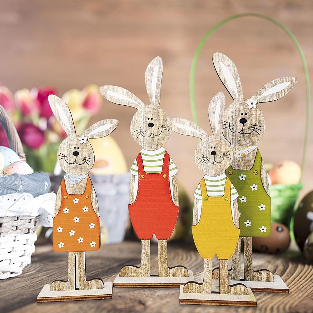 Easter Bunny Tabletop Decoration Cute Wooden Rabbit Figurines Ornament for view 4