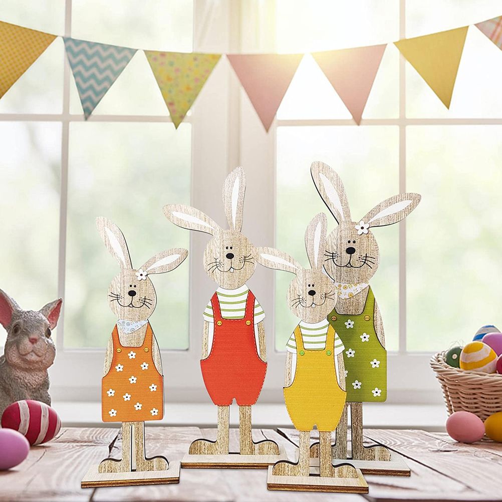 Easter Bunny Tabletop Decoration Cute Wooden Rabbit Figurines Ornament for view 5