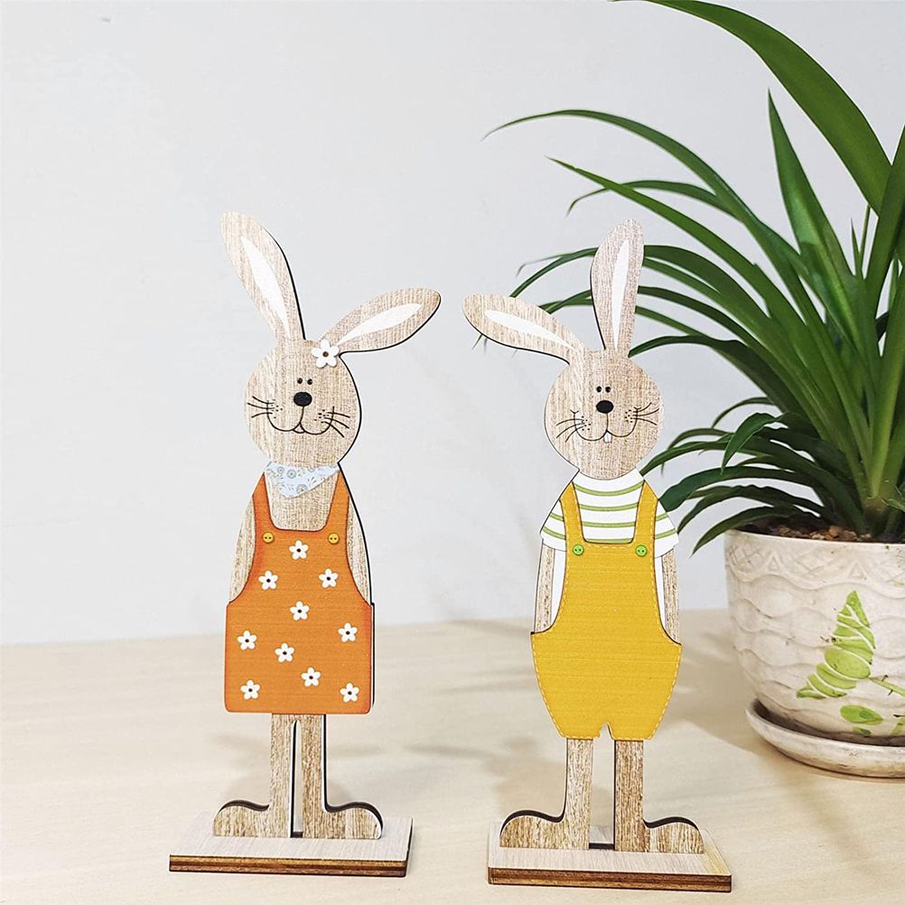 Easter Bunny Tabletop Decoration Cute Wooden Rabbit Figurines Ornament for view 6