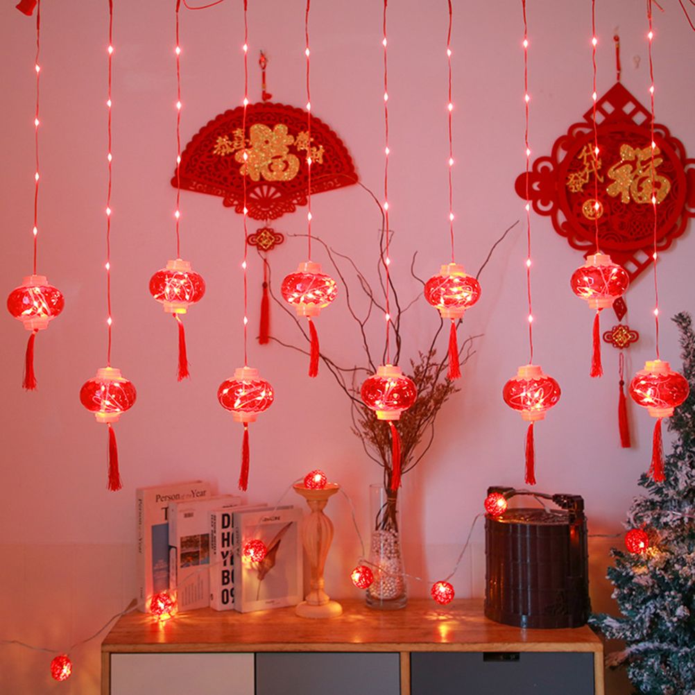 2022 New Year Red Lantern Curtain String Lights LED Spring Festival Fairy view 5