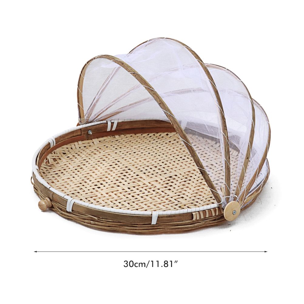 Covered Bamboo Serving Food Tent Basket Hand Woven Round Food Basket with Mesh view 2