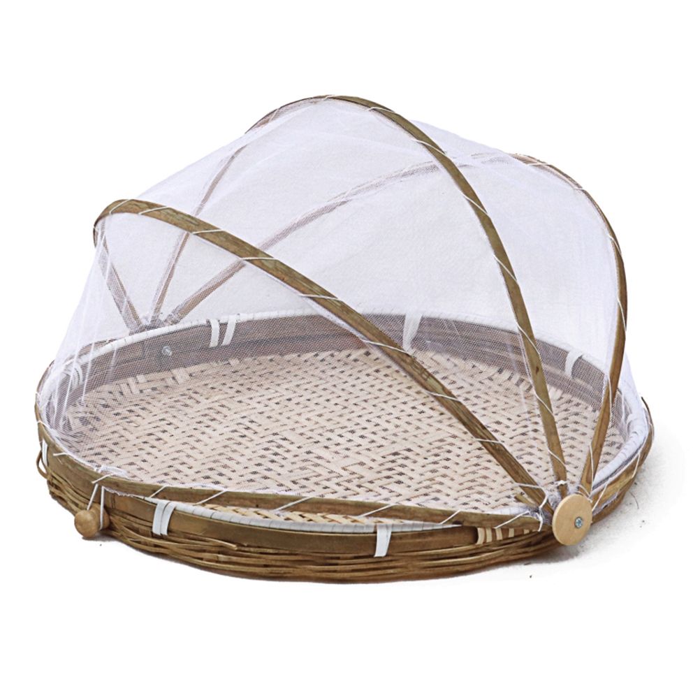 Covered Bamboo Serving Food Tent Basket Hand Woven Round Food Basket with Mesh