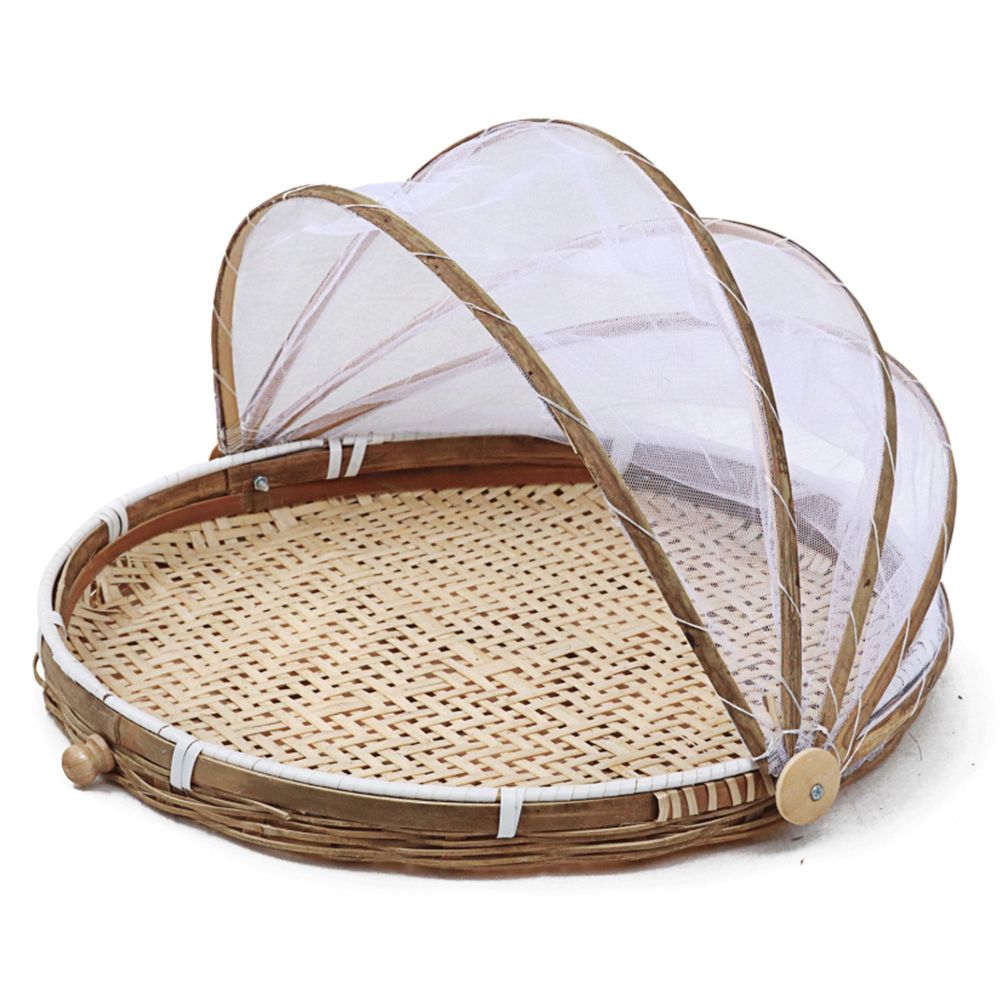 Covered Bamboo Serving Food Tent Basket Hand Woven Round Food Basket with Mesh view 3
