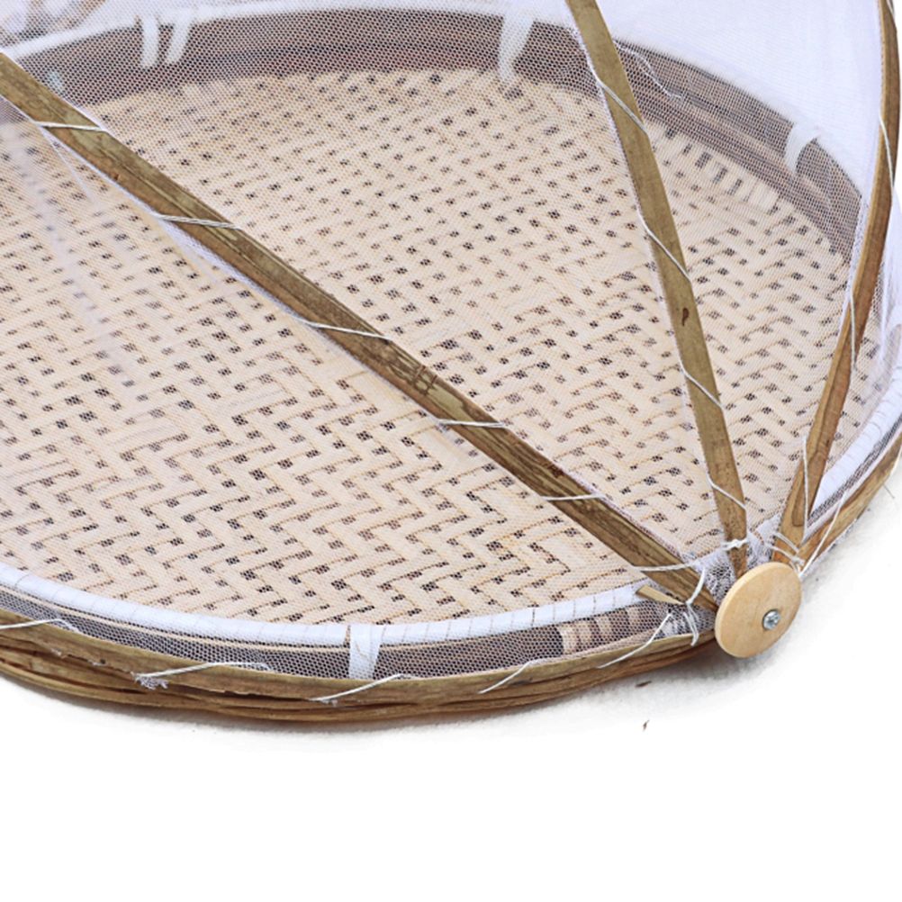 Covered Bamboo Serving Food Tent Basket Hand Woven Round Food Basket with Mesh view 6