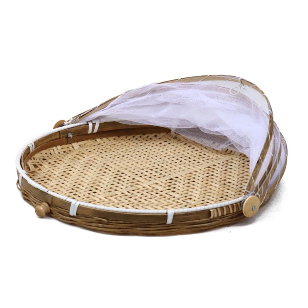 Covered Bamboo Serving Food Tent Basket Hand Woven Round Food Basket with Mesh view 7