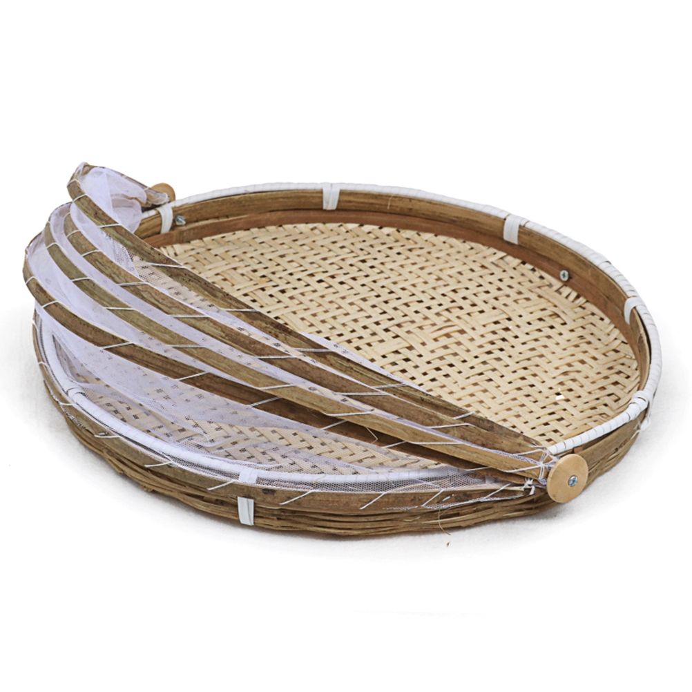 Covered Bamboo Serving Food Tent Basket Hand Woven Round Food Basket with Mesh view 8