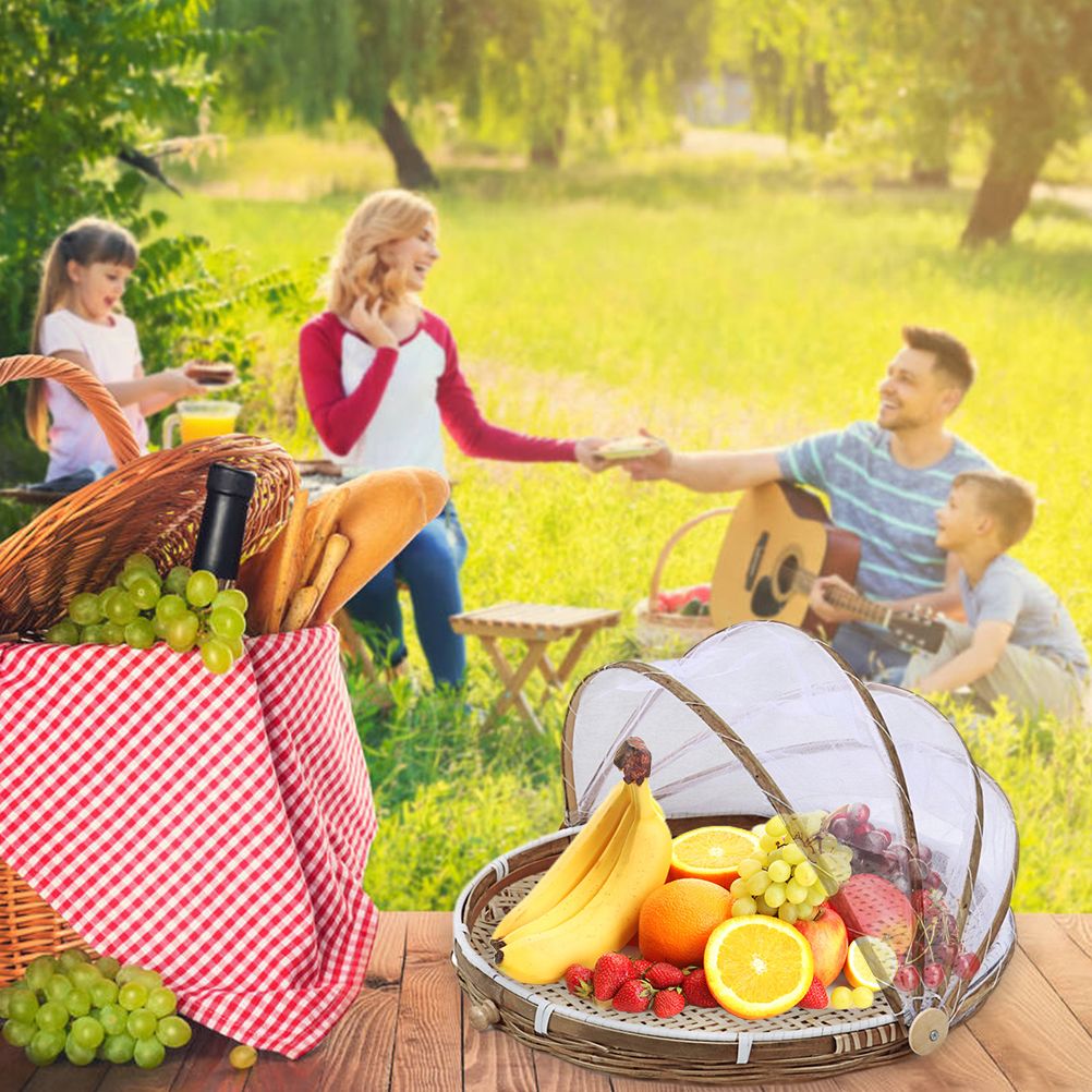 Covered Bamboo Serving Food Tent Basket Hand Woven Round Food Basket with Mesh view 9