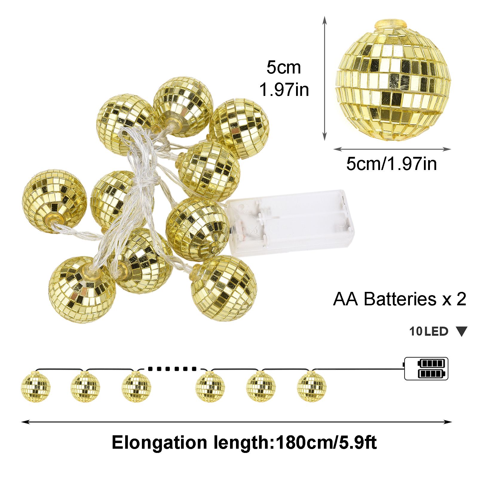 1.8m 10 Lights 5cm Golden Sphere Warm Light Mirror Light String Christmas view 10