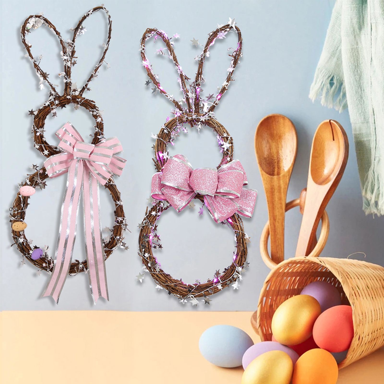 Easter Bunny Hanging Led Colored Lights Rattan Circle Easter Bunny Wreath Diy view 11