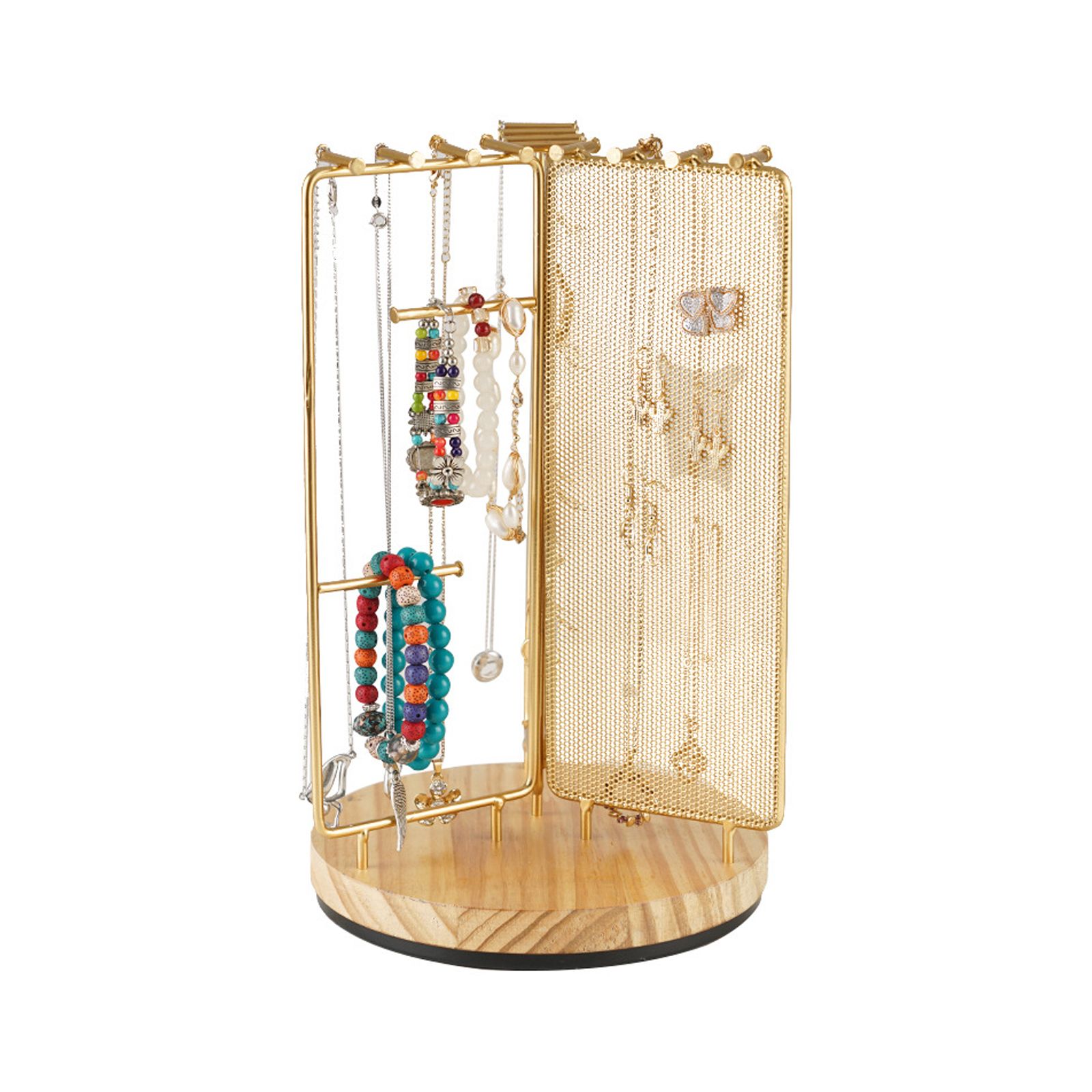 3 in 1 Jewelry Stand Display Multi Tiers Wooden Swivel Base Jewelry Display