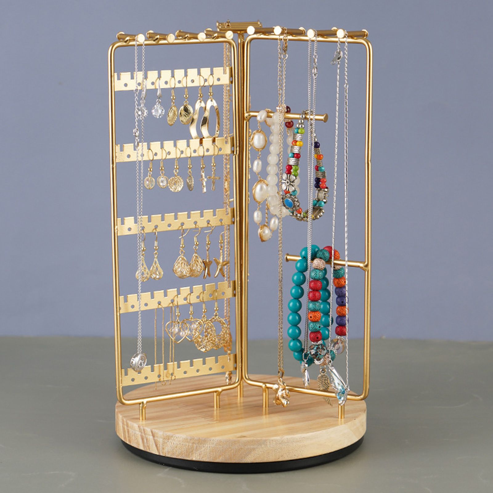 3 in 1 Jewelry Stand Display Multi Tiers Wooden Swivel Base Jewelry Display view 6