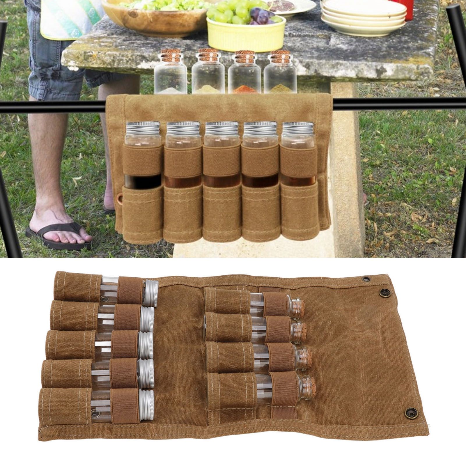 Spice Bottle Bag Wet Wax Canvas Portable Seasoning Storage Bag with 9 Glass view 11