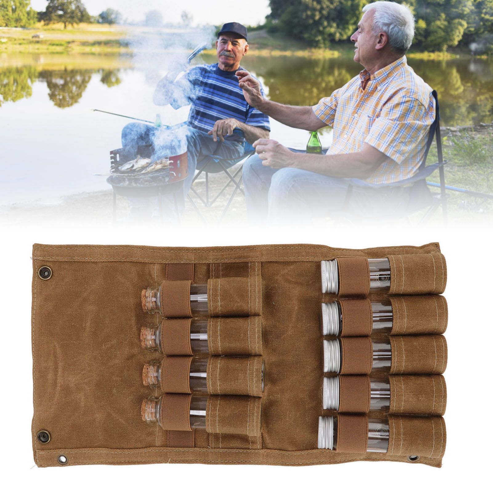 Spice Bottle Bag Wet Wax Canvas Portable Seasoning Storage Bag with 9 Glass view 12