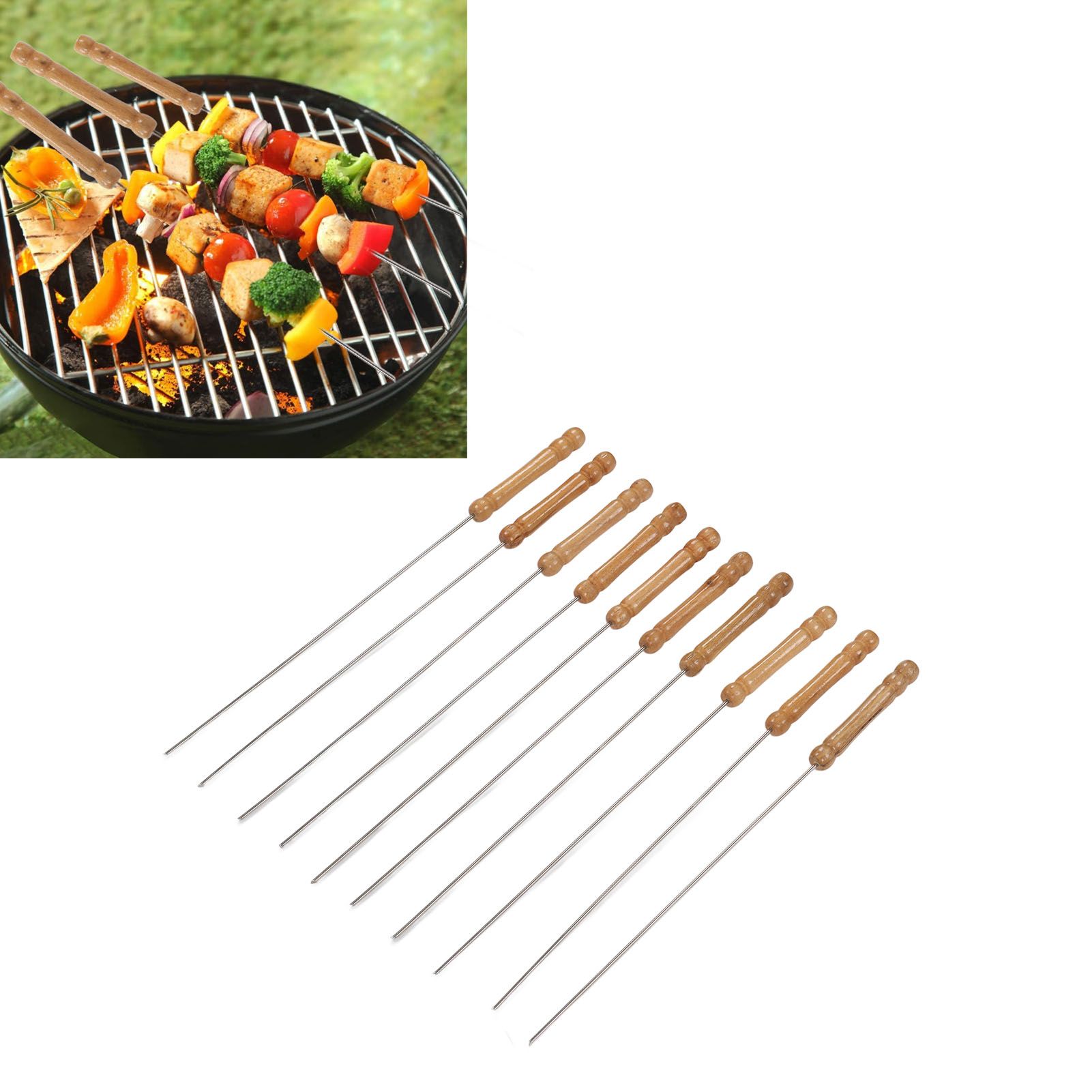 10pcs Barbecue Skewers Wooden Handle Stainless Steel BBQ Kabob Sticks for view 11