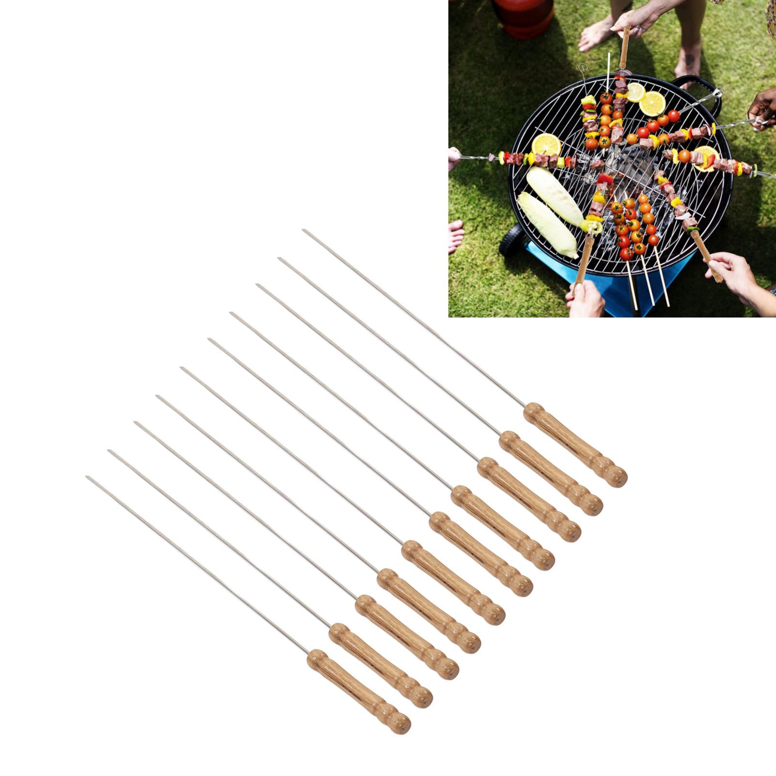 10pcs Barbecue Skewers Wooden Handle Stainless Steel BBQ Kabob Sticks for view 12