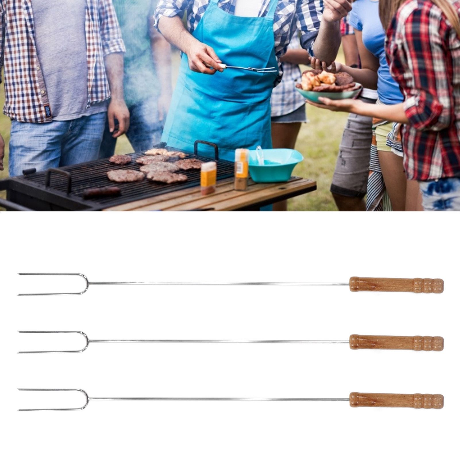 3Pcs Barbecue Forks Multifunctional Stainless Steel Roasting Stick with Beech view 11