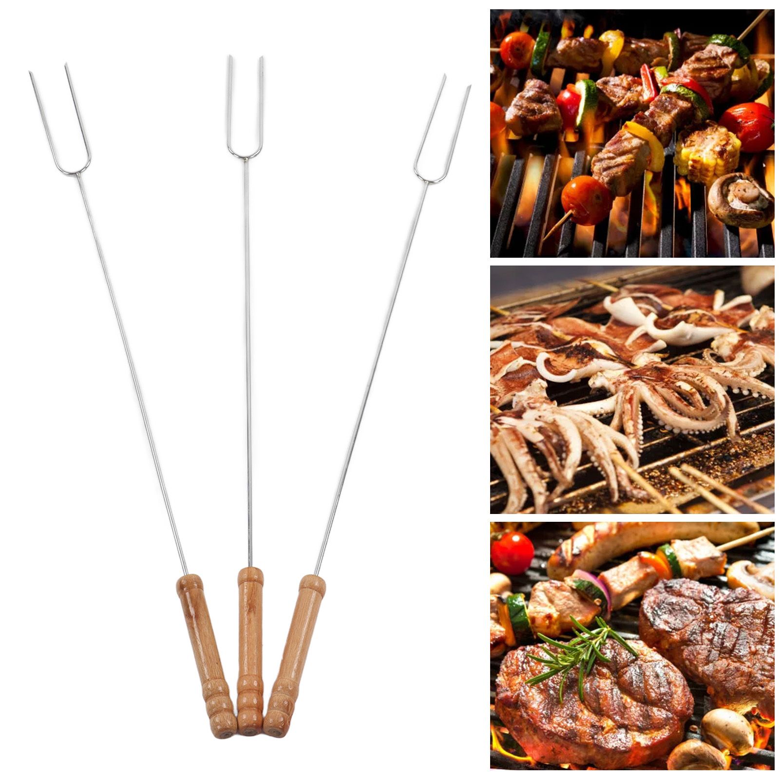 3Pcs Barbecue Forks Multifunctional Stainless Steel Roasting Stick with Beech view 12