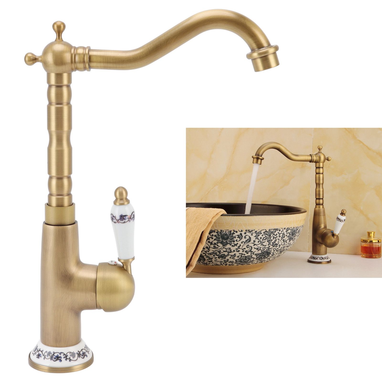 Antique Kitchen Faucet Gold All Copper European Antique Hot Cold Mixed 360° view 11