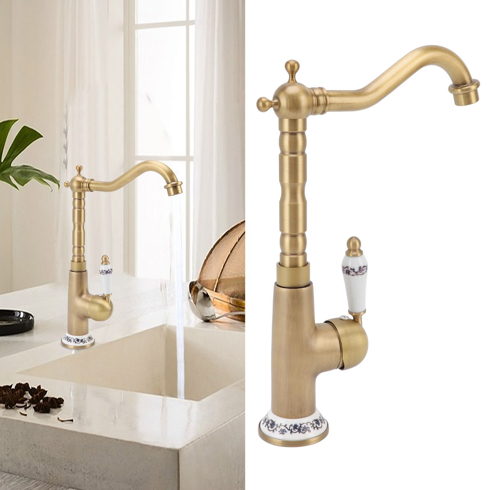 Antique Kitchen Faucet Gold All Copper European Antique Hot Cold Mixed 360° view 12
