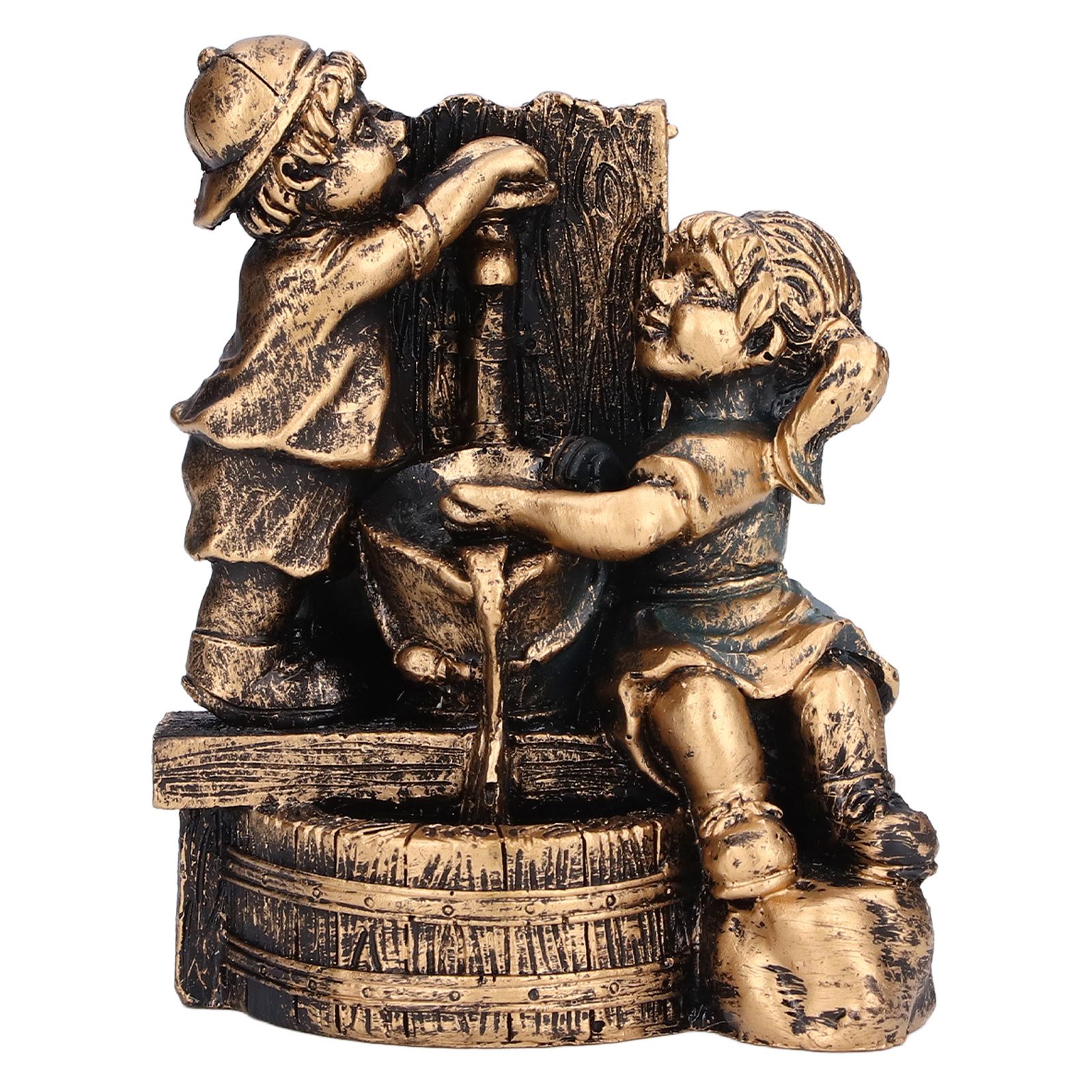 Little Boy Girl Playing Water Statue Standing Sculpture Resin Garden Ornament