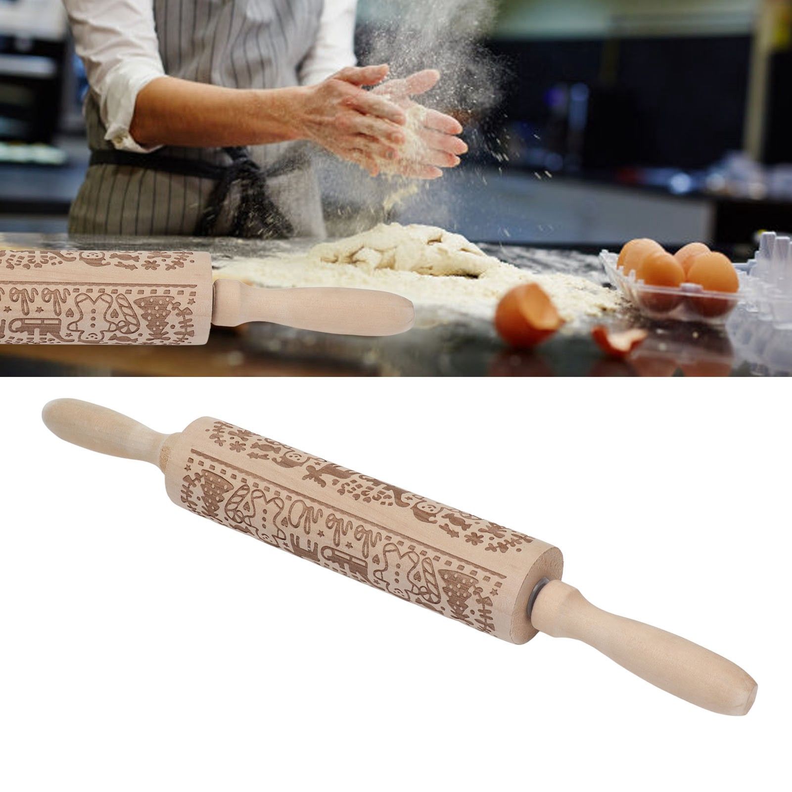 Rolling Pin Wooden Christmas Print Dough Roller Kitchen Tool for Pastries view 11