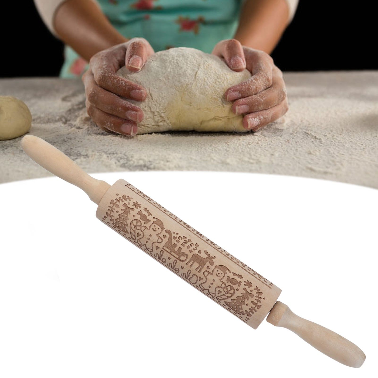 Rolling Pin Wooden Christmas Print Dough Roller Kitchen Tool for Pastries view 12