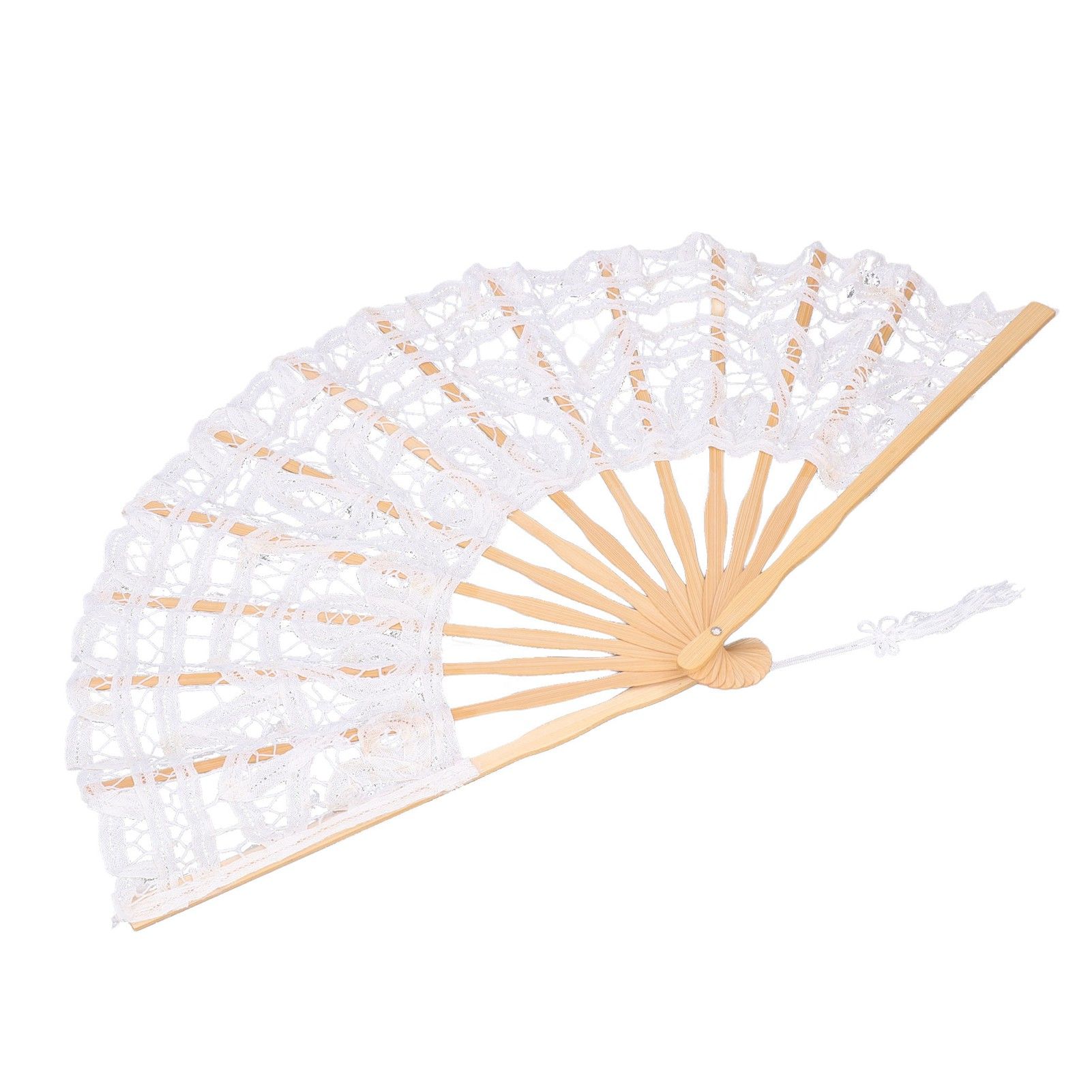 Folding Fan Hallow Lace Bamboo Bones Vintage Style Hand Fan with Tassel for view 2