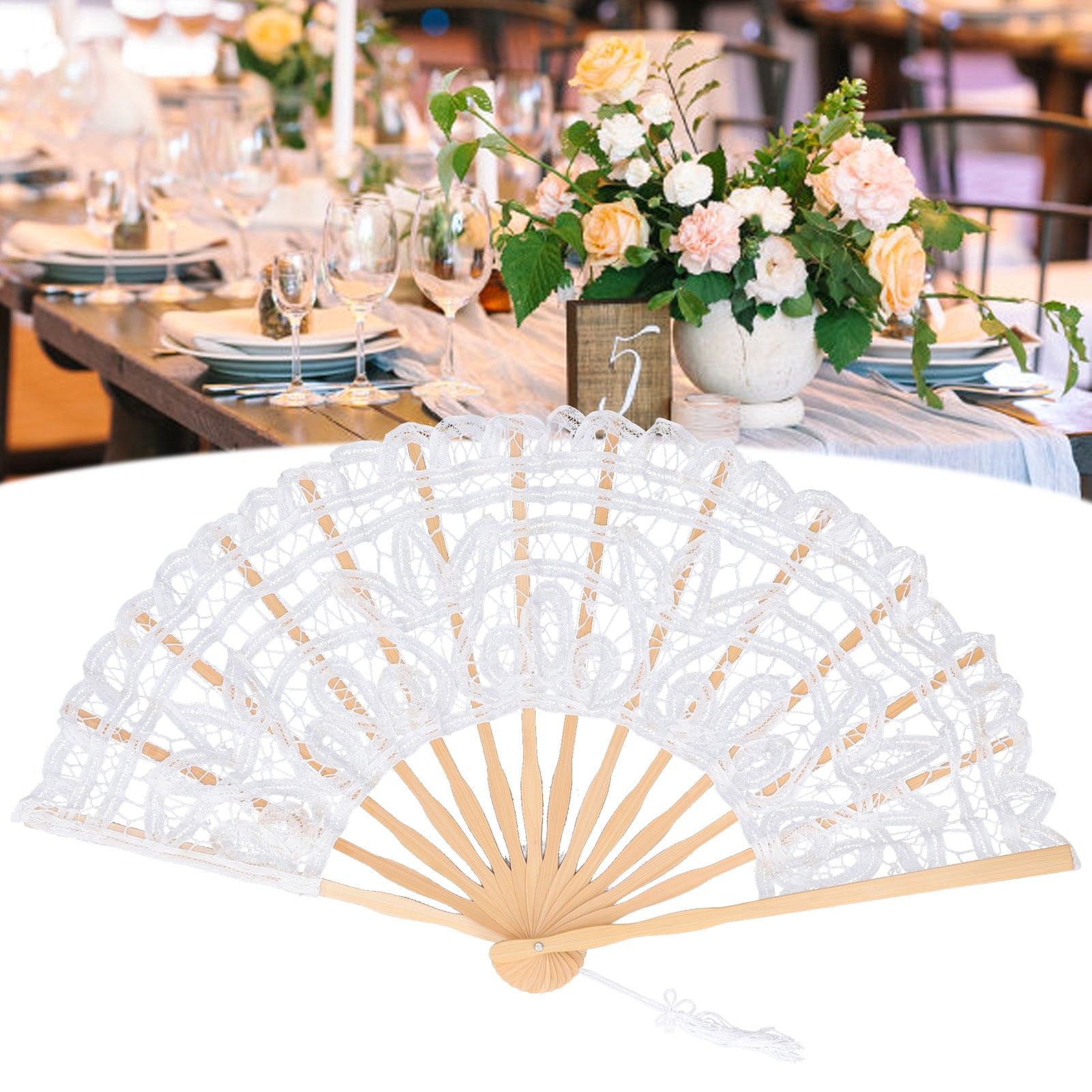 Folding Fan Hallow Lace Bamboo Bones Vintage Style Hand Fan with Tassel for view 11