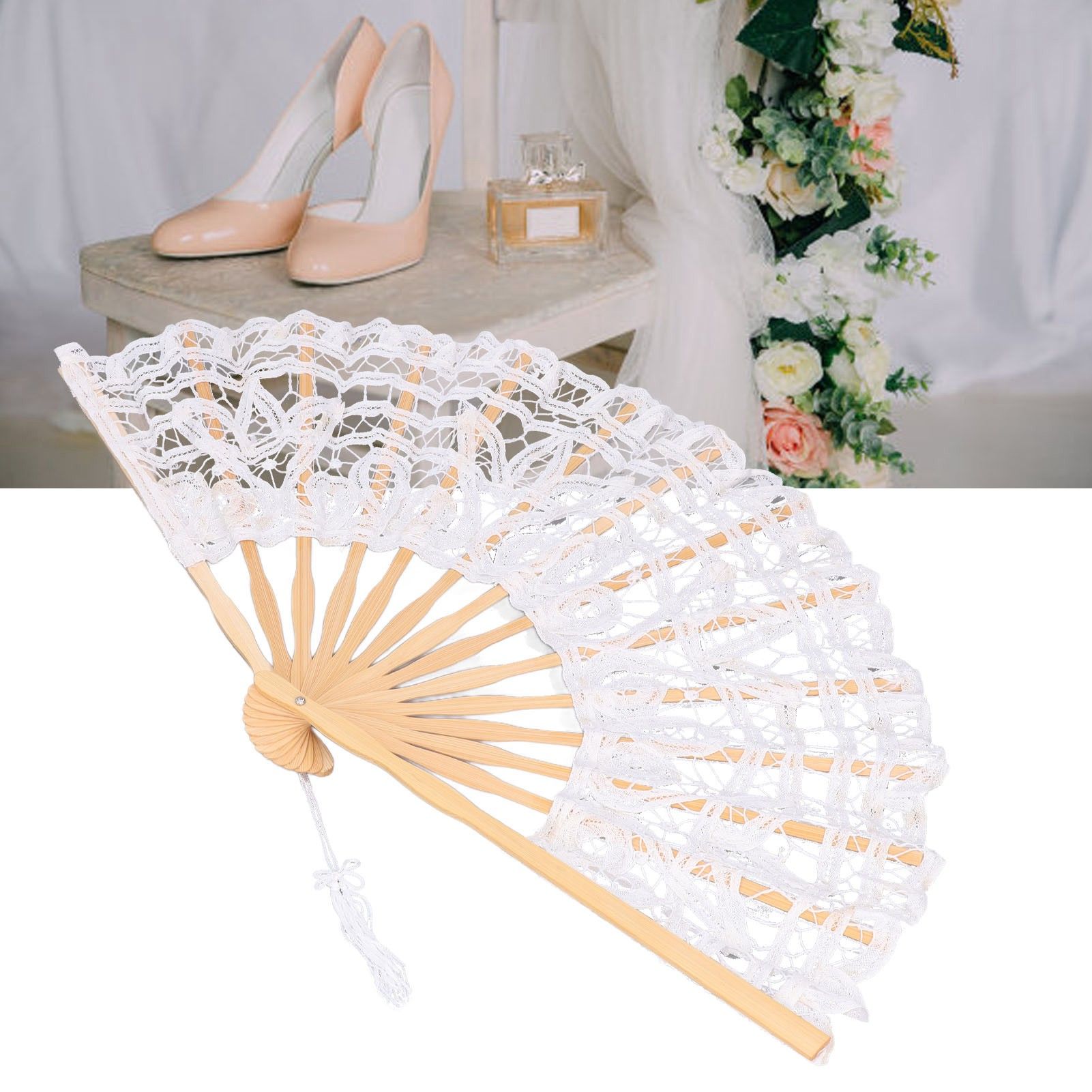 Folding Fan Hallow Lace Bamboo Bones Vintage Style Hand Fan with Tassel for view 12