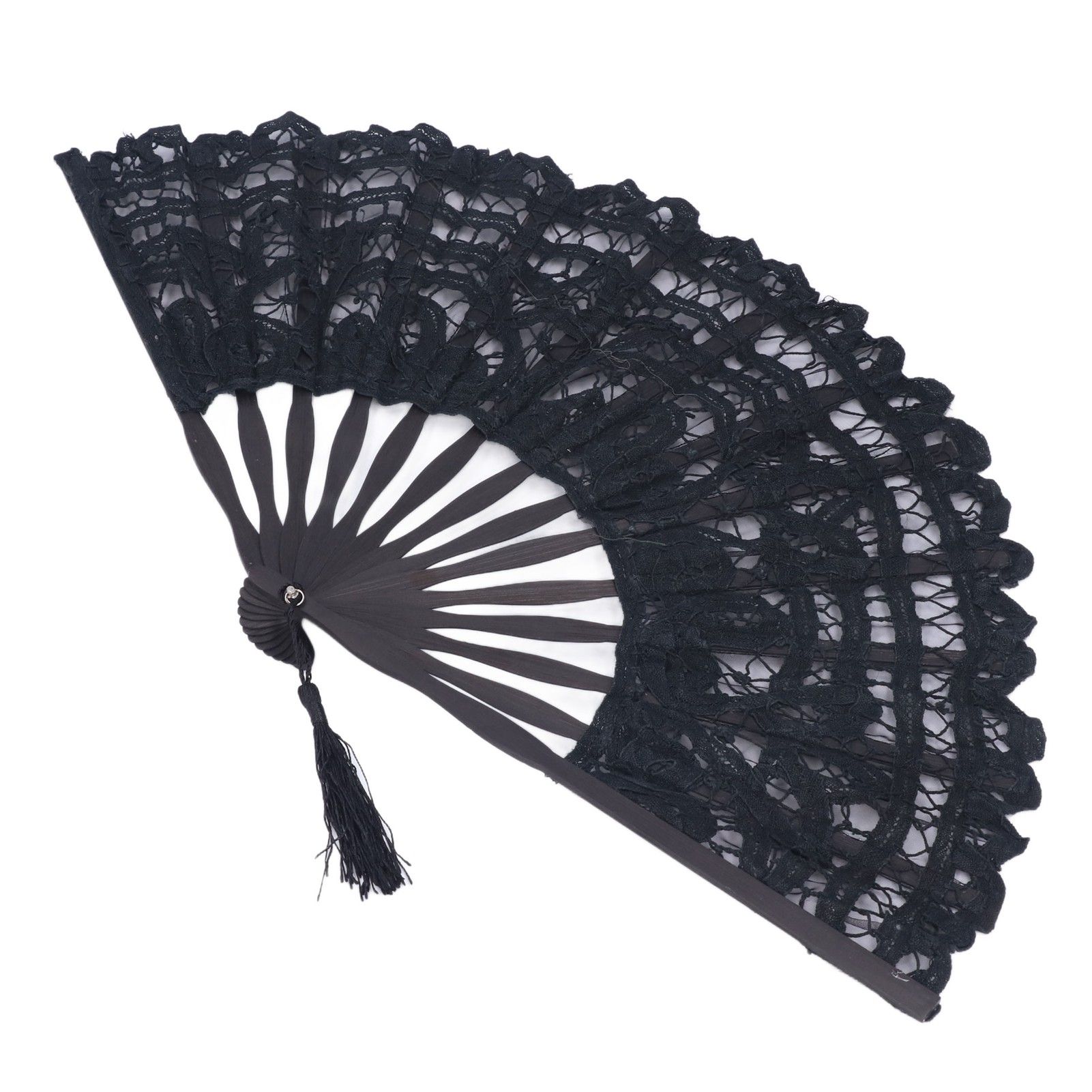 Folding Fan Hallow Lace Bamboo Bones Vintage Style Hand Fan with Tassel for view 3