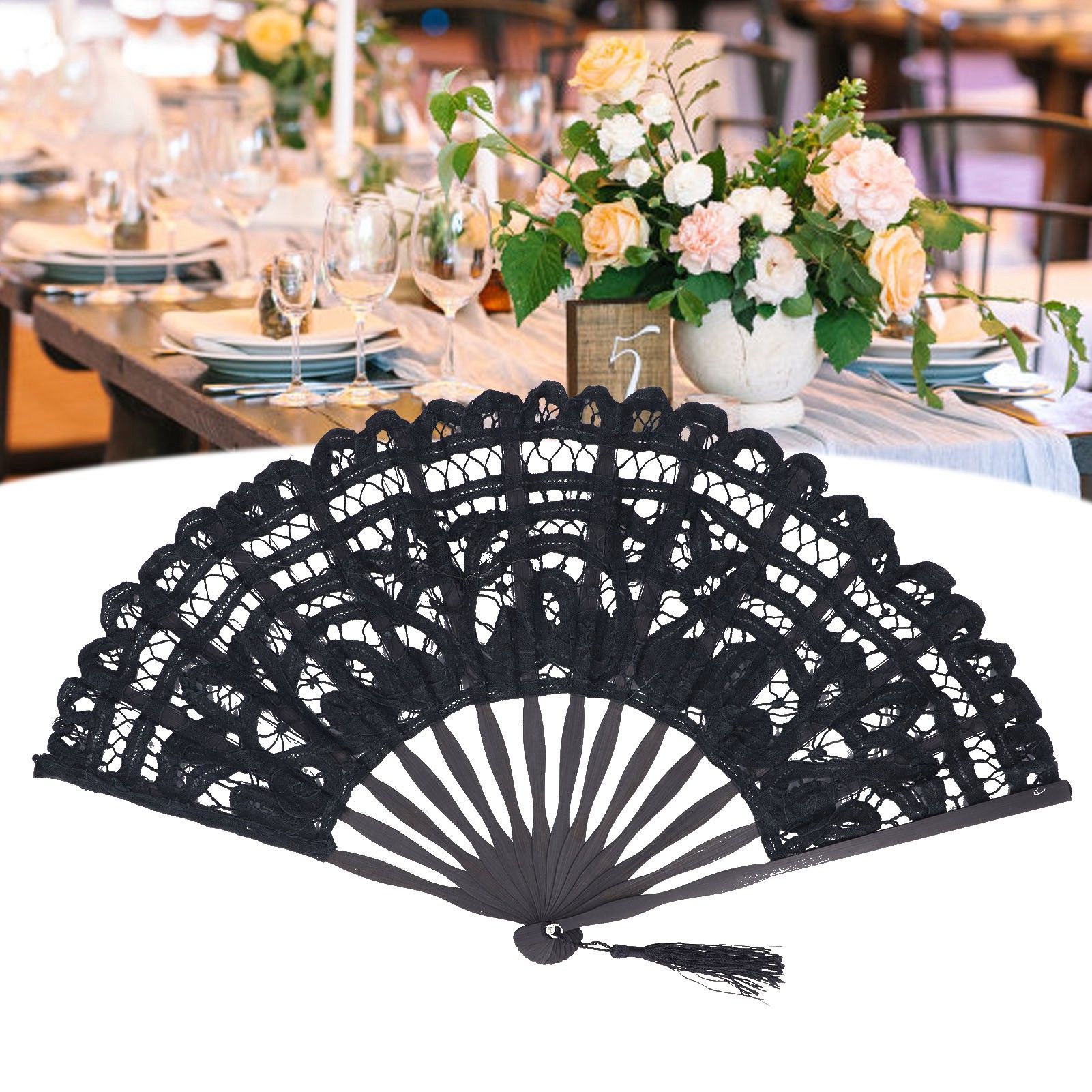 Folding Fan Hallow Lace Bamboo Bones Vintage Style Hand Fan with Tassel for view 11