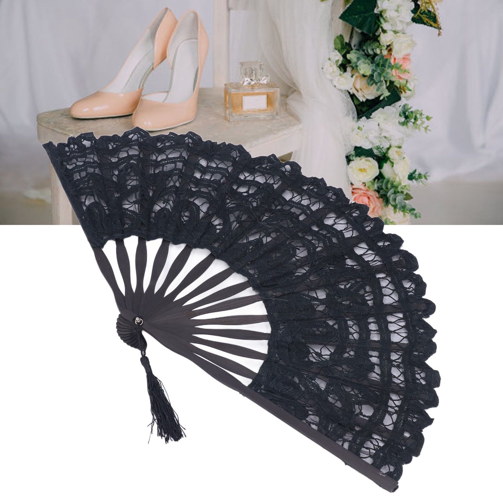 Folding Fan Hallow Lace Bamboo Bones Vintage Style Hand Fan with Tassel for view 12