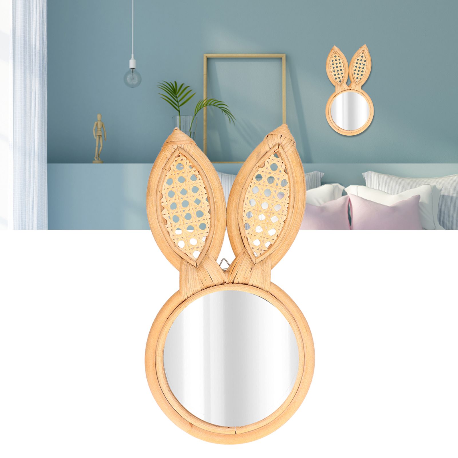 Decorative Mirror Cute Bunny Shape Exquisite Rattan Hanging Wall Mirror for view 11