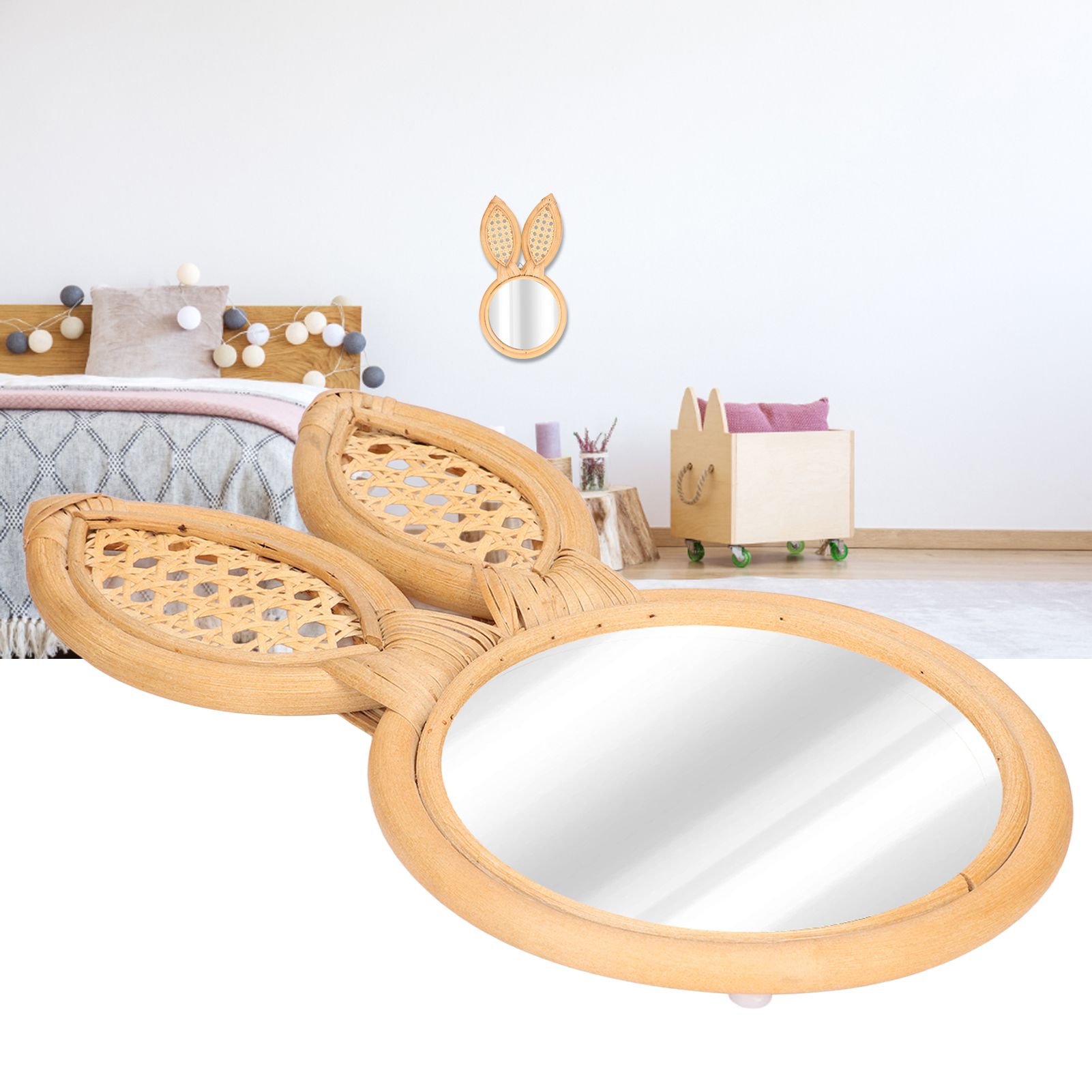 Decorative Mirror Cute Bunny Shape Exquisite Rattan Hanging Wall Mirror for view 12