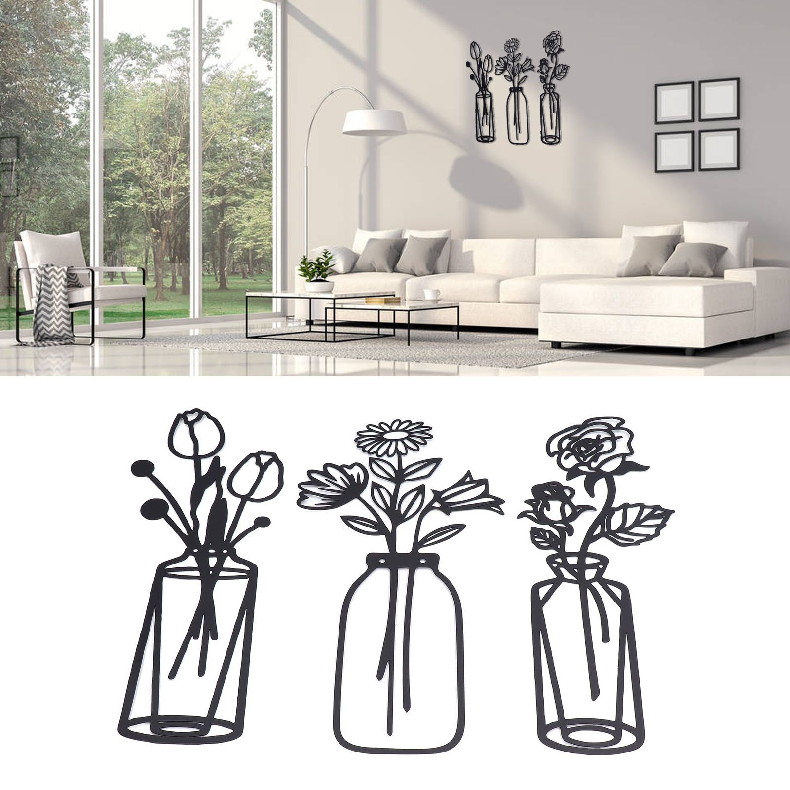 3Pcs Metal Vase Flowers Wall Art Elegant Prevent Rust Easy to Install Iron view 11