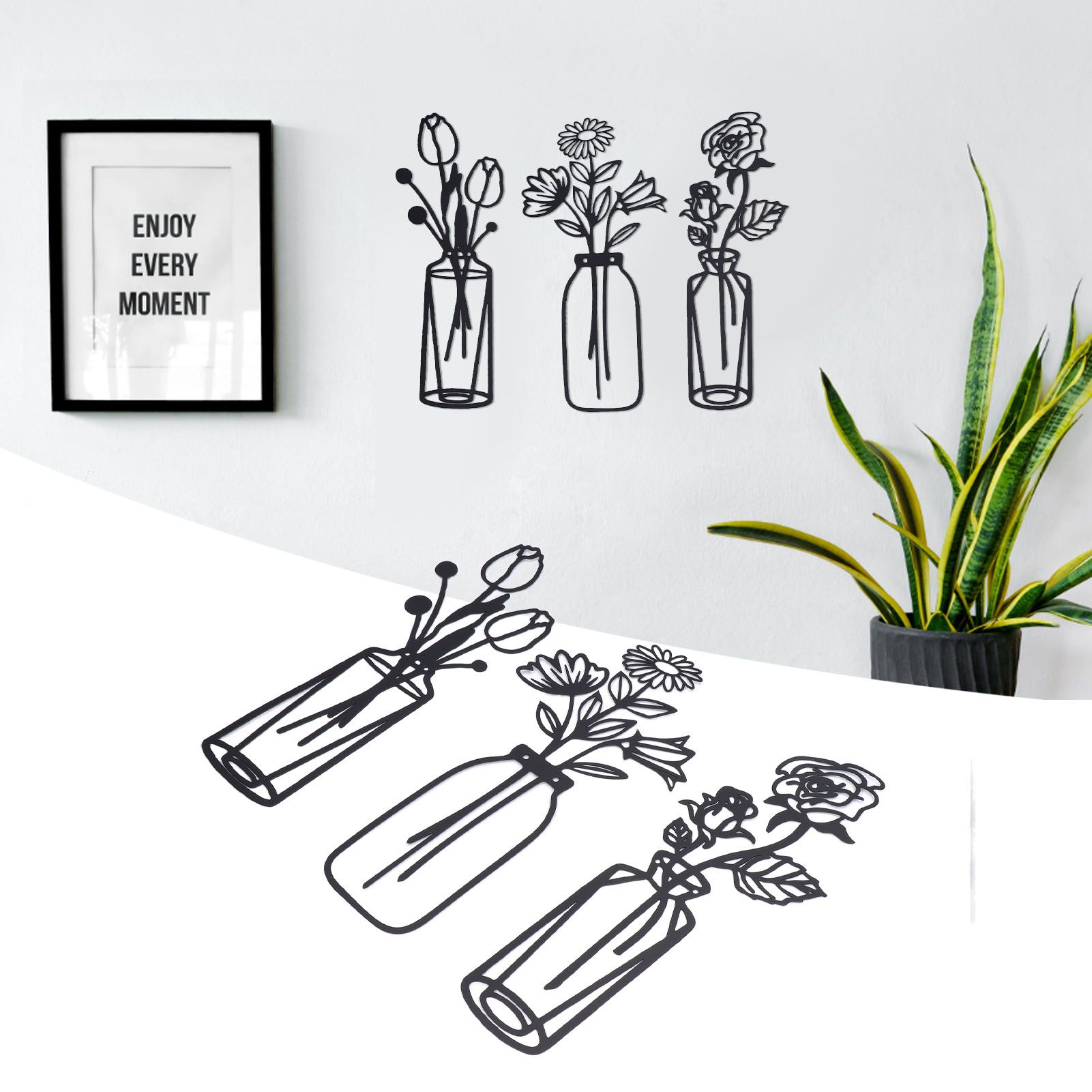 3Pcs Metal Vase Flowers Wall Art Elegant Prevent Rust Easy to Install Iron view 12