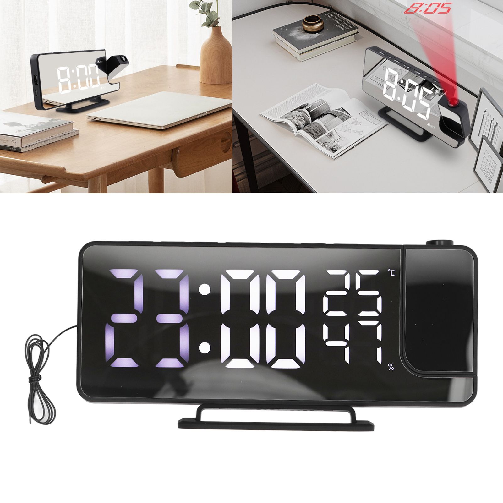 Projection Alarm Clock Mirror Screen USB Charging Snooze 180° Digital view 11